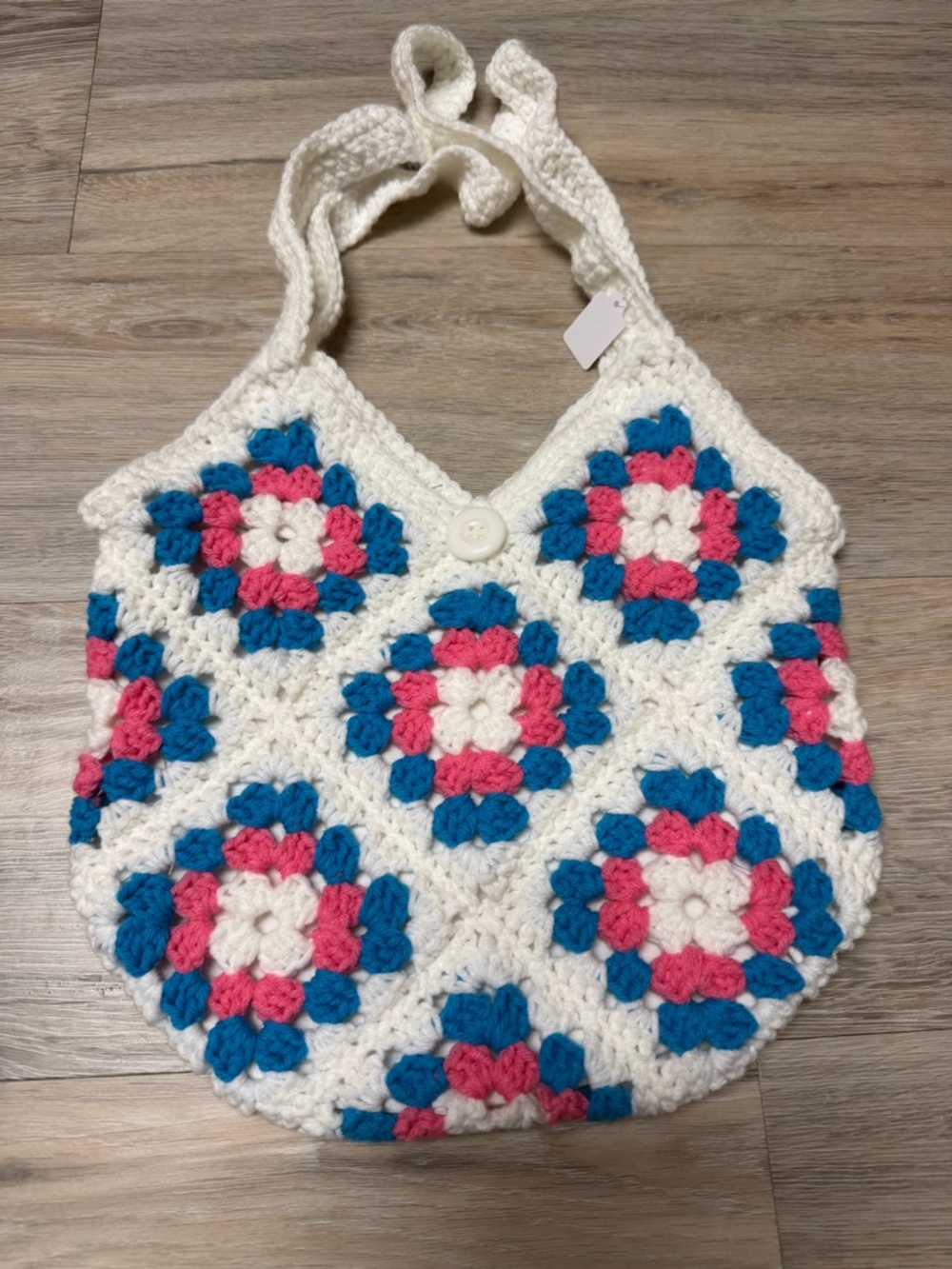 Handmade White Crochet Granny Square Shoulder Tote Bag with Pink & Blue Accents